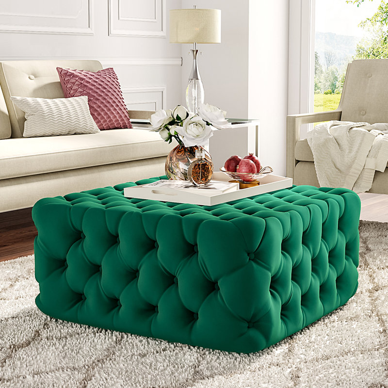 Silkgrass Velvet Tufted Square Footstool Ottoman, Green