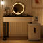Table de coiffeuse moderne avec plateau en verre trempé, pieds à hauteur réglable, armoire de rangement multifonctionnelle et miroir rond, blanc et noir, 100 cm de large, parfaite pour la chambre à coucher, le dortoir et les petits espaces.