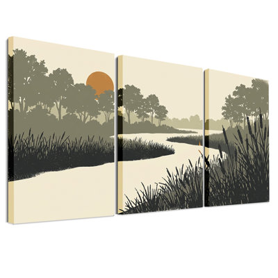 Ensemble de 3 toiles murales « Soleil orangé sur rivière sinueuse et arbres »