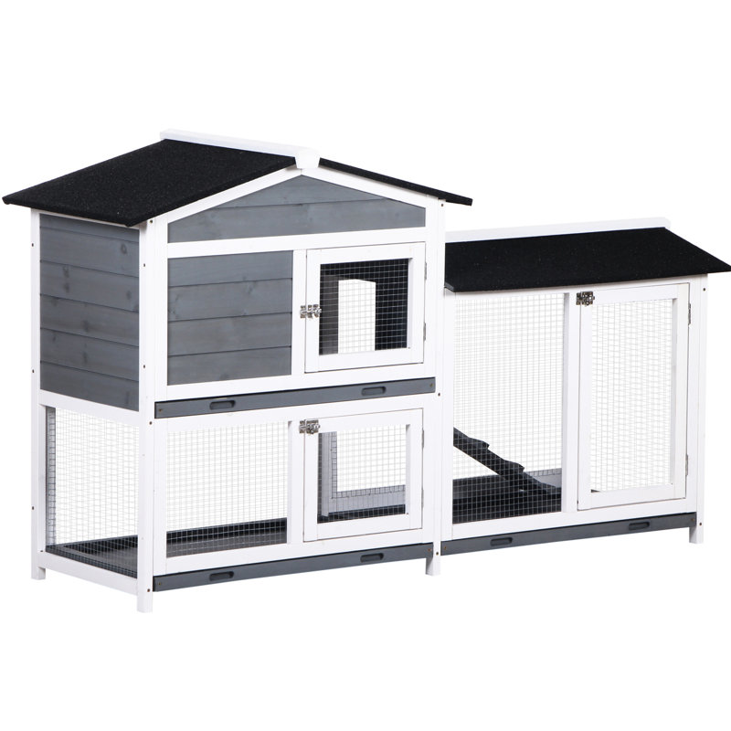 Lapin de 62 po, surface en bois avec surface de jeu élargie, toit en asphalte, plateau amovible, portes et rampe verrouillables, zone grise