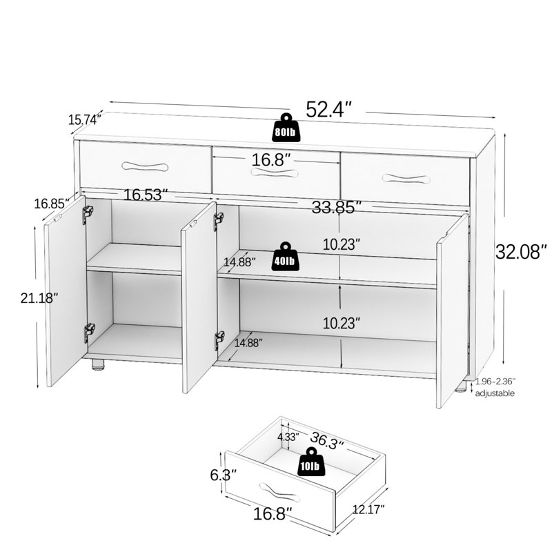 53" Kitchen Storage Sideboard Buffet Cabinet Console Table, Gray