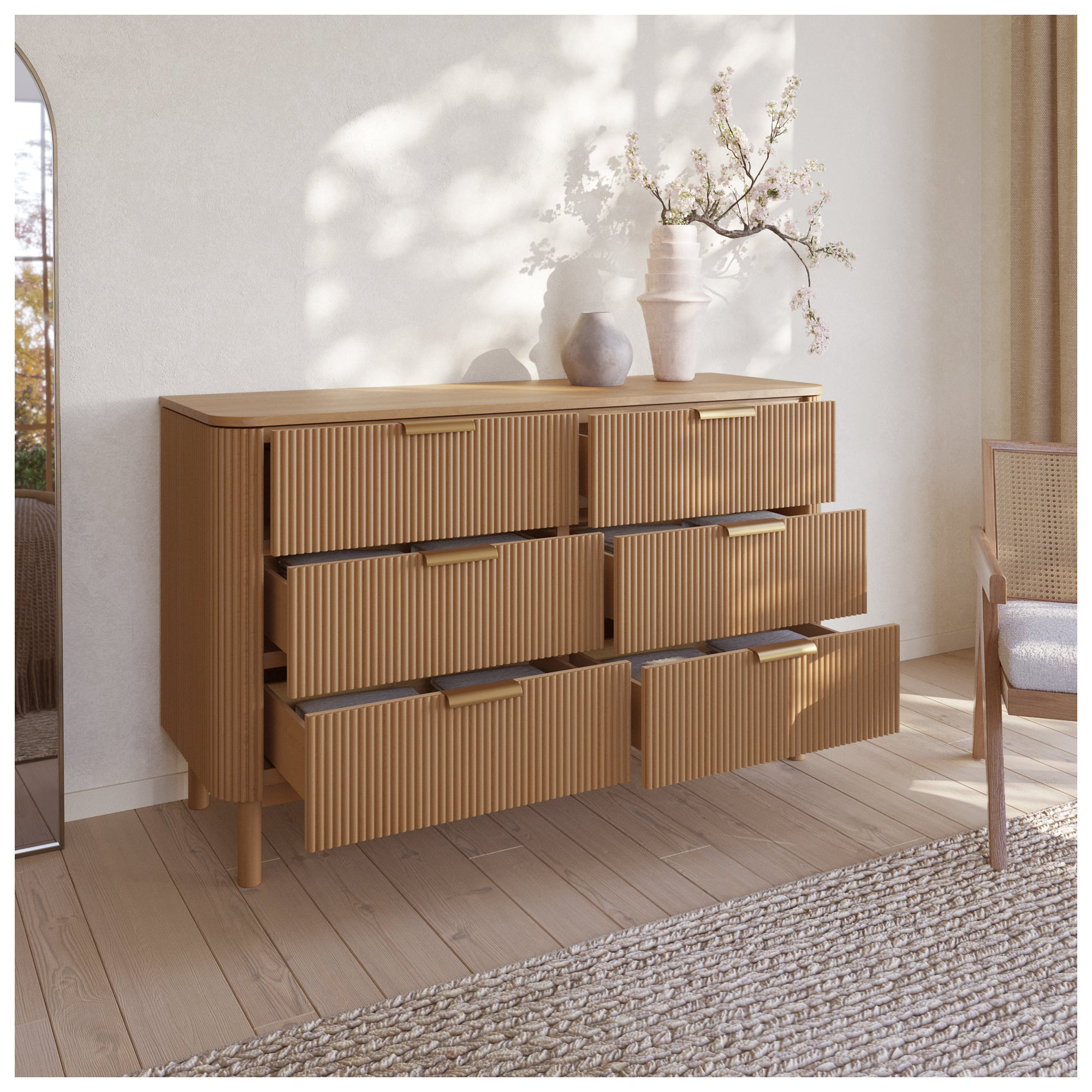 Nova 60" 6-Drawer Dresser with Reeded Front, Reeded Birch