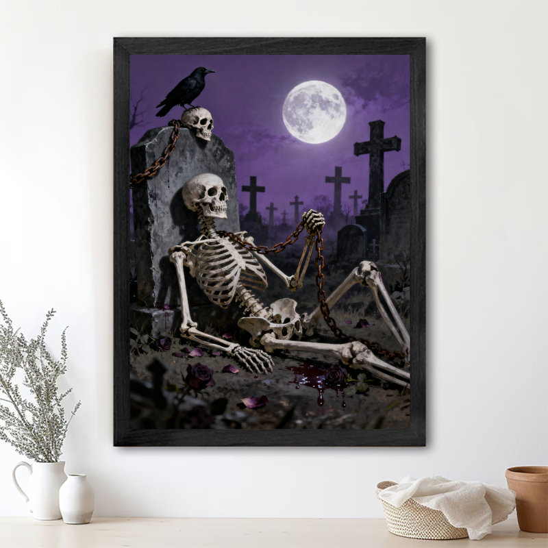 Reproduction d'art encadrée noire rétro crâne gothique foncé, H 25 po x l 17 po