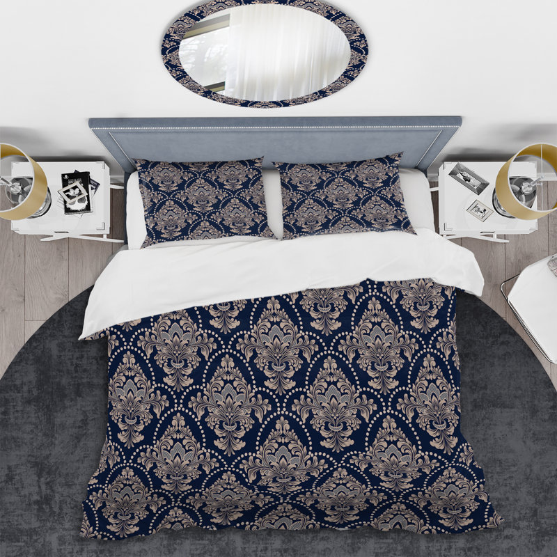 Blue Damask - Patterned Duvet Cover Set, Queen Duvet Cover + 2 Standard Shams