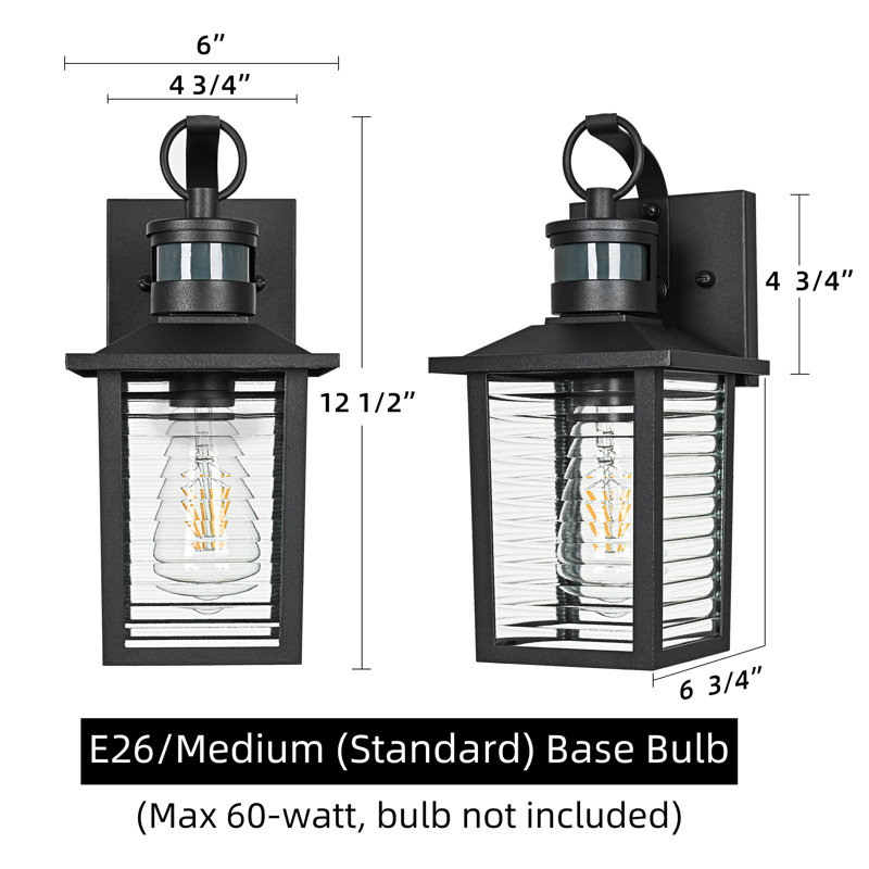 13 In. Sand Black 1-Light Motion Sensing Outdoor Wall Sconce With Dusk To Dawn And Clear Glass Shade