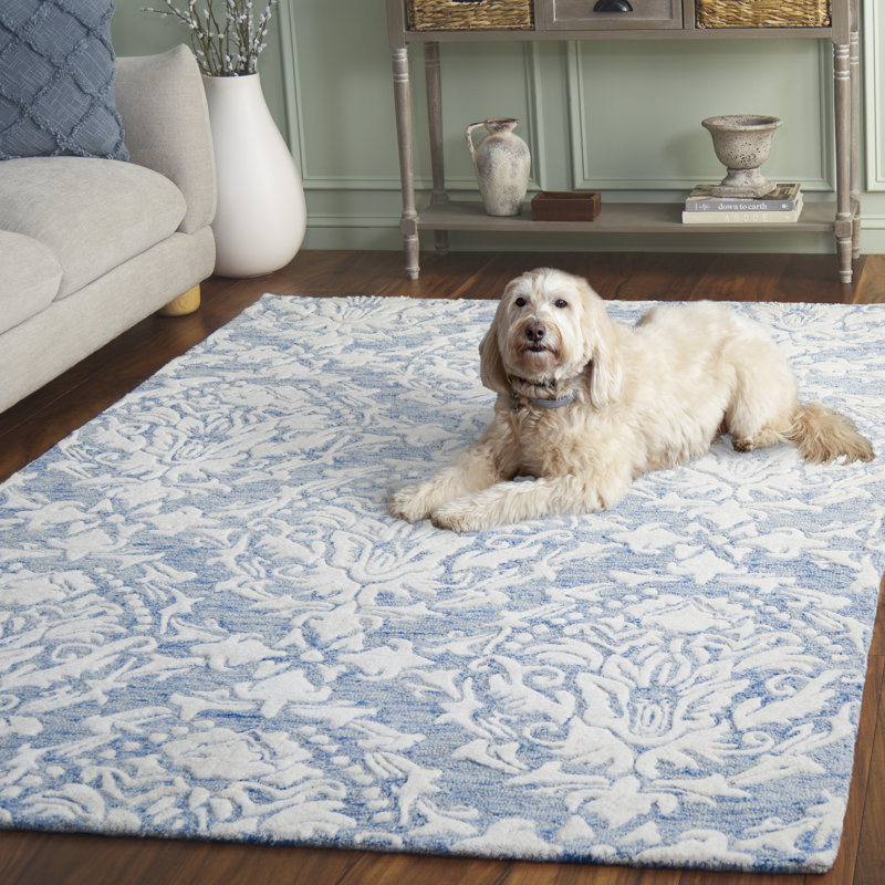 Tapis bleu / ivoire en laine touffeté à la main Ferrera, Rectangle de 5 pi x 8 pi