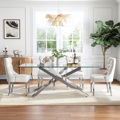 78.7" Rectangle Glass Dining Table Set With Polished Stainless Steel X-Base And Velvet Upholstered Nailhead Trim Dining Chairs