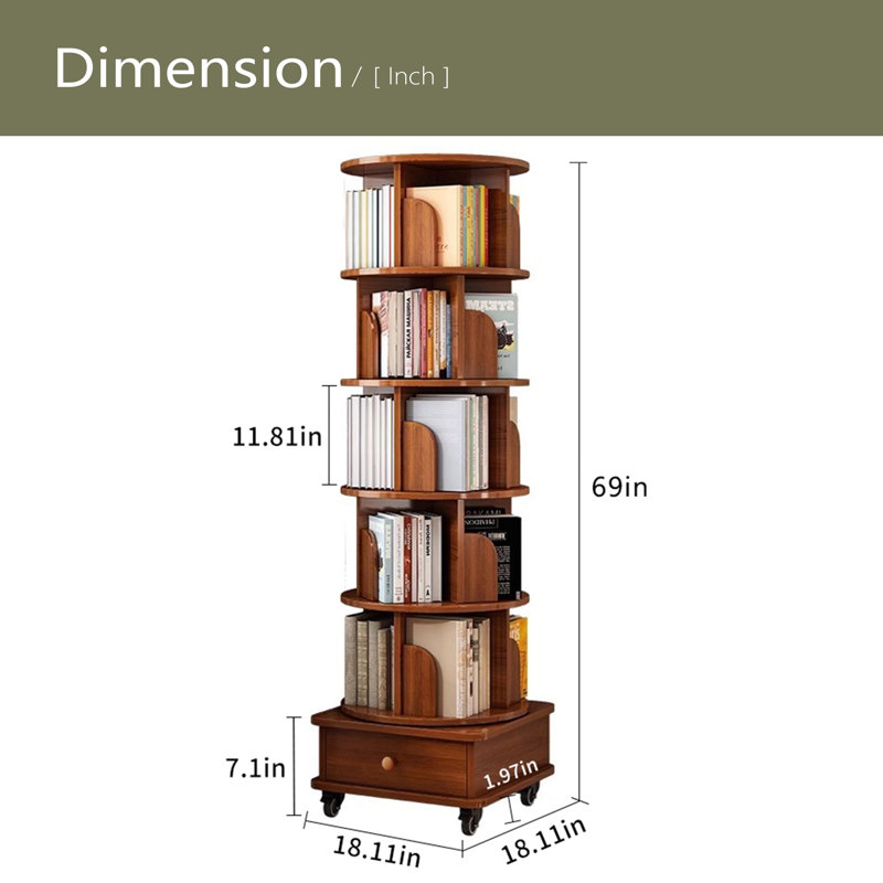 Rotating Bookshelf, 360 Display Corner Bookshelf For Small Space, 6 Tier Bookcase Storage Rack With Wheels, Brown