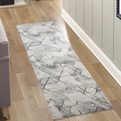 Contemporary Geometric Grey Runner Rug, 100% , Machine-Made, 0.44 In. Pile, For Office Use 11.41 Lb, Ideal
