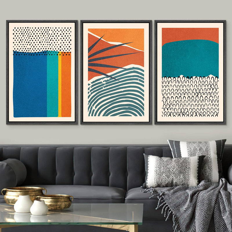 Abstrait, blocs de couleurs vibrantes et vibrantes, feuilles de palmier tropicales, impression sur toile, 3 pièces, Noir