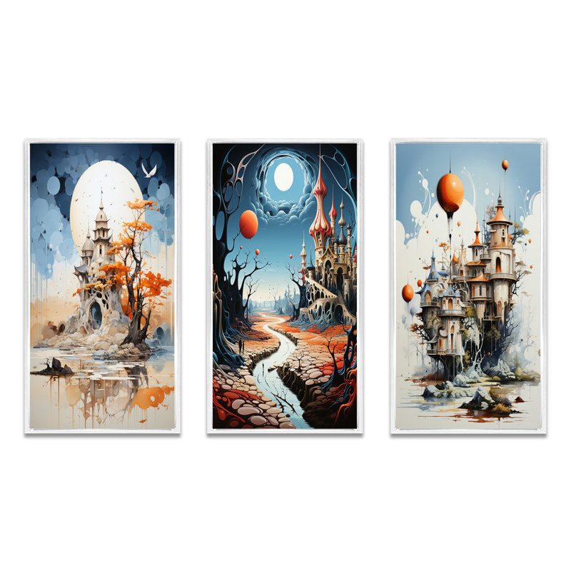 «Surréalisme, rêve, caslte imaginaire», 3 pièces sur toile, Cadre blanc, H 20 po x l 36 po