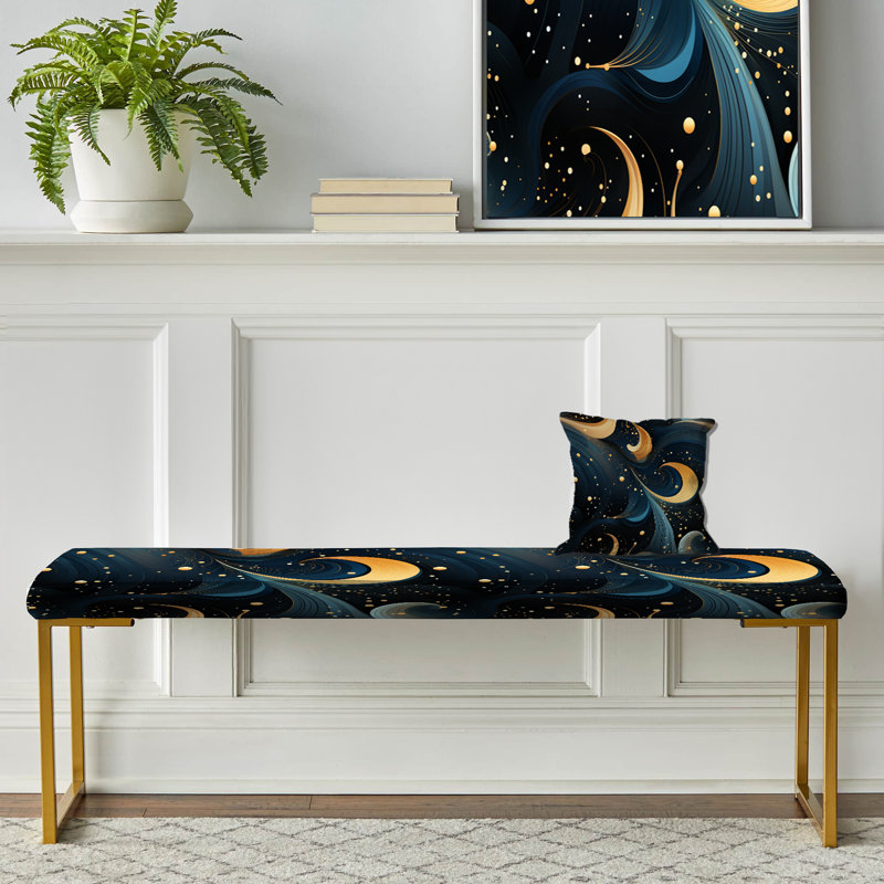 Geometric Upholstered Gold Bench, Cosmic Radiance Abstract
