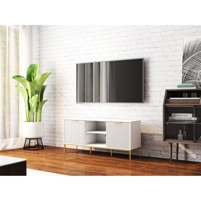 60 - 69 Inches Tv Stand Featuring Wave Shaped Doors, Central Open Shelf For Books And Media, Adjustable Interior Shelf, White Gold Finished Cabinet Living Space Stylish Inches, Design Gaming Consoles