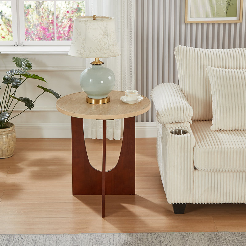 Elegant Round Travertine Texture Side Table – 21.2” Stone End Table, Modern Design, Durable, Minimalist