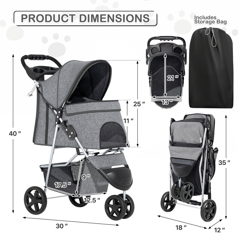 Foldable Pet Stroller, 3 Wheels Folding Carrier Jogger Stroller for Dogs Cats with Canopy and DIY Stickers, Gray/Solid