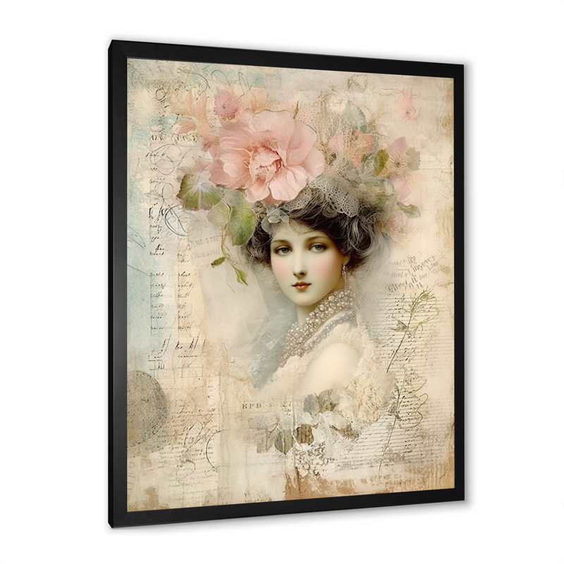 Victorian Lady Pink Roses, impression rustique sur toile, H 40 po x l 30 po x P 1,5 po, Cadre simple noir