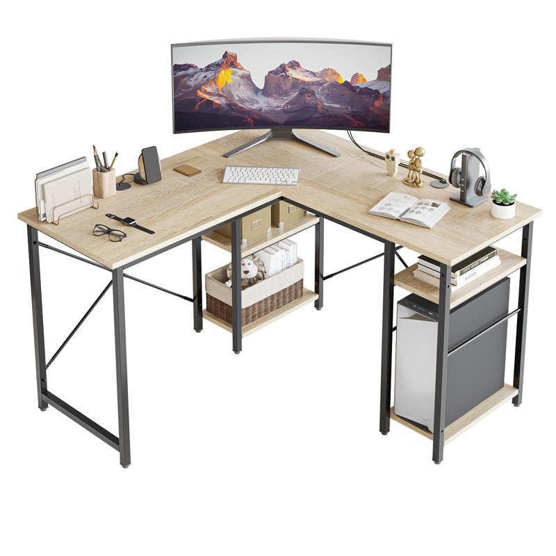 Aaleeyah L Shaped Farmhouse Computer Desk, 75 Inch Reversible Corner Office Desk with Shelves, Oak