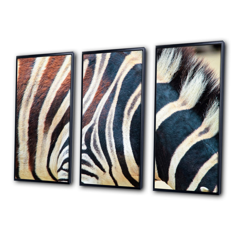 Détail de lignes de zèbre noir et blanc I - ensemble d'art mural encadré sur toile à motifs de 3, Noir