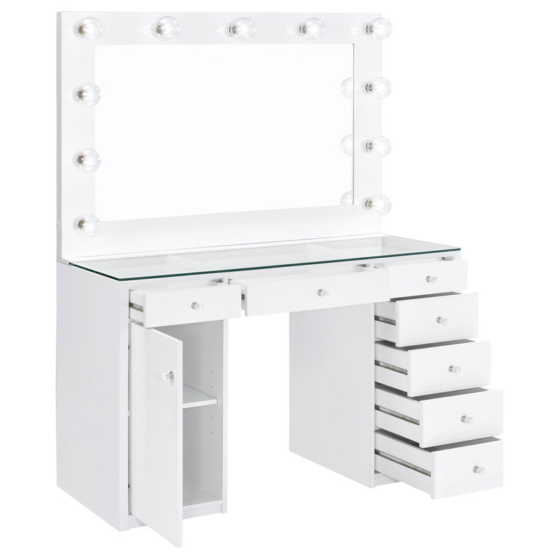 Luxury Build - Witte 7-Drawer Vanity Set With Lighting Black High Gloss, White