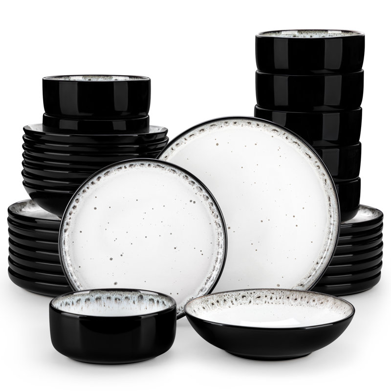 32 Piece Stoneware Dinnerware Set - Service for 8, White/Black