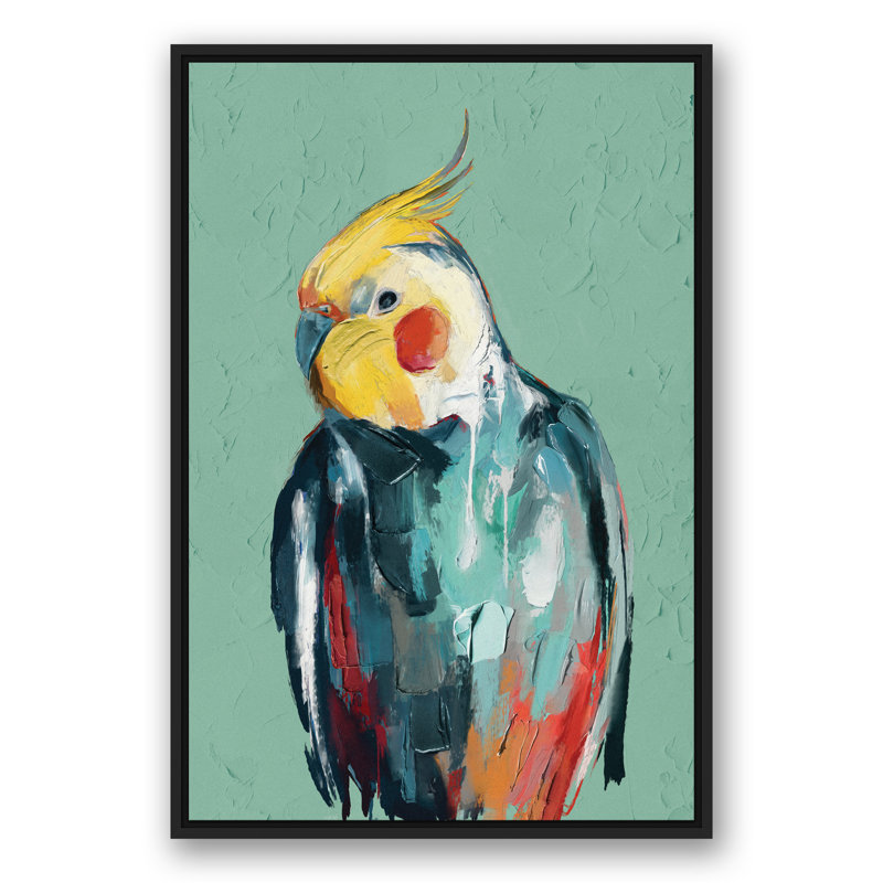 Cockatiel coloré - Peinture sur toile, H 37,75 po x l 25,75 po x P 1,75 po, Toile à cadre flottant noir