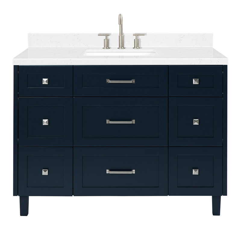 ARIEL Monroe 48 Single Sink Bathroom Vanity with Carrara Quartz Top, Midnight Blue, 48" - 49", Carrara White Quartz