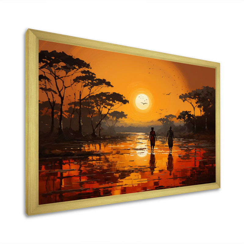 African Savannah Serenade VI - Art mural africain, Cadre doré simple, H 30 po x l 40 po x P 1,5 po