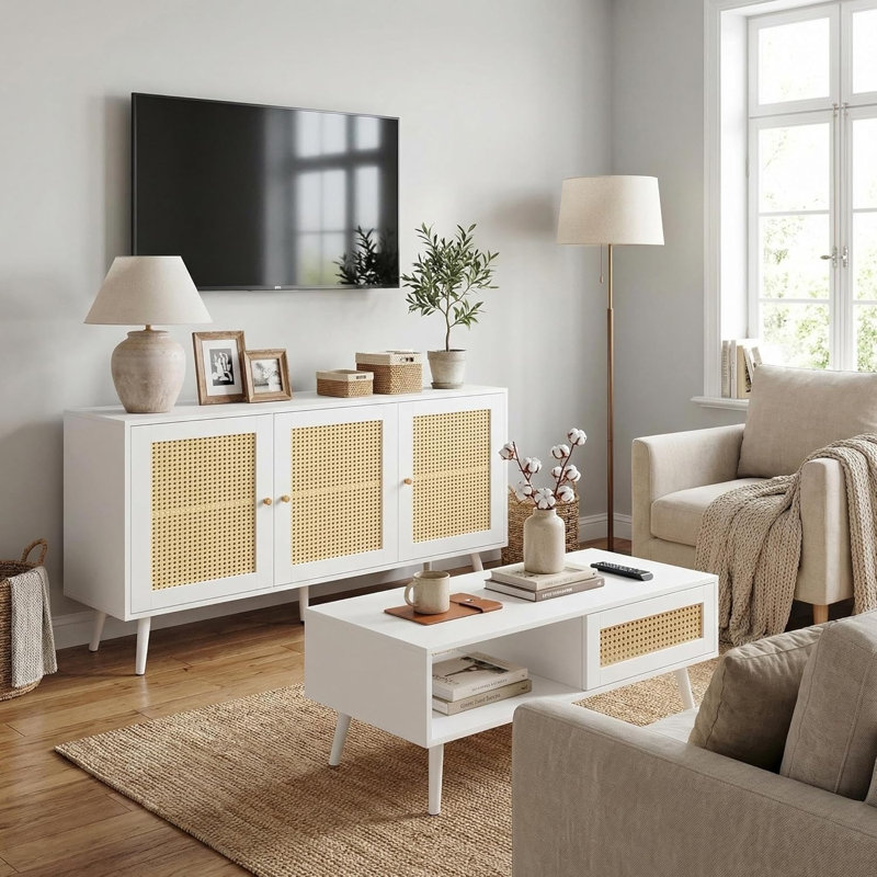 47.2" Rattan Sideboard Buffet Cabinet with 3 Doors, Boho Storage Cabinet with Adjustable Shelves, Console Table for Living Room, Dining Room, Entryway, Coffee Bar
