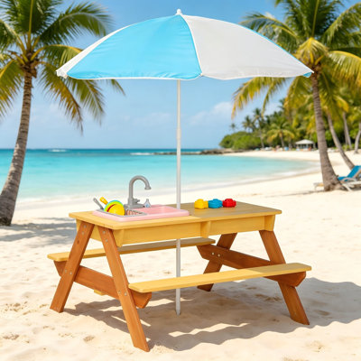 Table de pique-nique en bois pour enfants avec parasol, table d'activité 2-en-1 sable et eau pour jouer sur la terrasse