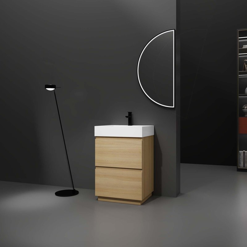 Meuble-lavabo contemporain avec lavabo simple encastré et 2 tiroirs, Chêne, 24"