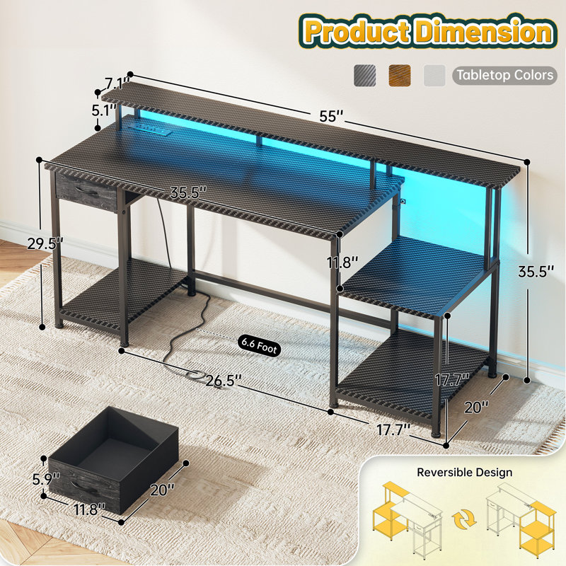 55"W Home Office Computer Desk With Drawers & Printer Shelf,Gaming Desk With Monitor Stand & LED Lights,Writing Desk With Power Outlets