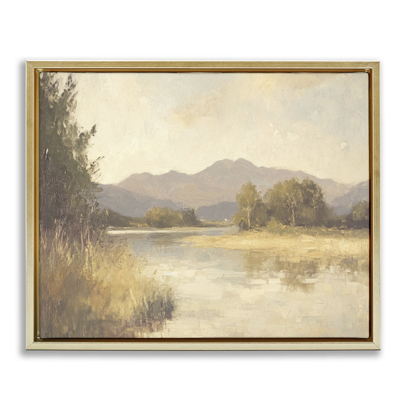Cadre flottant Wild River Mountain View, design par Petal Prints Design, H 17 po x l 21 po, Cadre flottant métallique doré