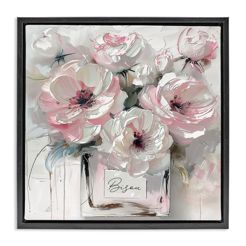 «Subtle Pink Bouquet», art par Annabelle Hall, Cadre flottant noir de jais, H 18 po x l 18 po