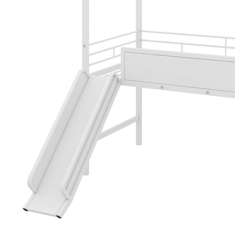 Lit mezzanine simple avec glissoire et échelle, cadre de lit mezzanine avec planche de bois inscriptible à deux côtés, Blanc