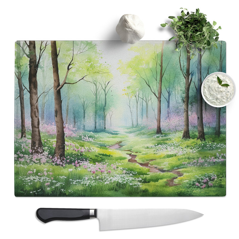 Spring Forest Watercolour  Glass Chopping Board