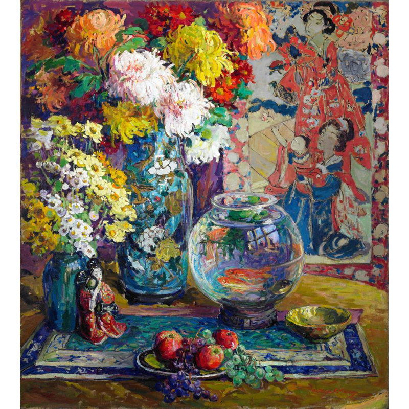 "Poisson, fruits et fleurs" par Kathryn E. Cherry - Art mural sur toile tendue avec châssis, H 24 po x l 17 po