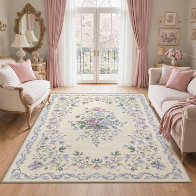 Atascadero Romantic Floral Bordered Rug, Machine Washable, Inspired Faux Wool, Non-Slip Backing