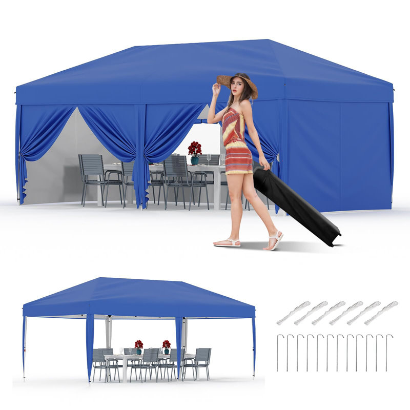 Tente escamotable 10 'x 20' avec 6 parois latérales, auvent extérieur pour une personne, installation instantanée à une personne - installation instantanée à un bouton, tissu Oxford 210D et structure antirouille - 3 hauteurs réglables - protection 