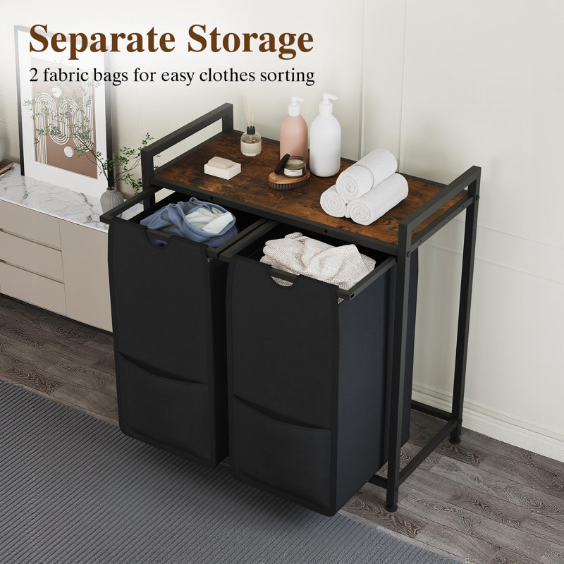 Laundry Sorter with Shelf, Pull-Out Removable Hamper Bags, Freestanding Metal Clothes Basket Organizer for Laundry Room