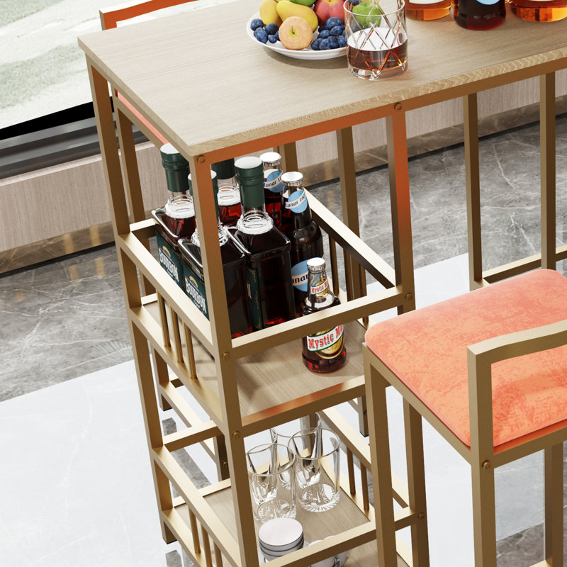 -piece bar table and chair set with gold frame, multi-layer tabletop, sponge cushions, orange upholstery