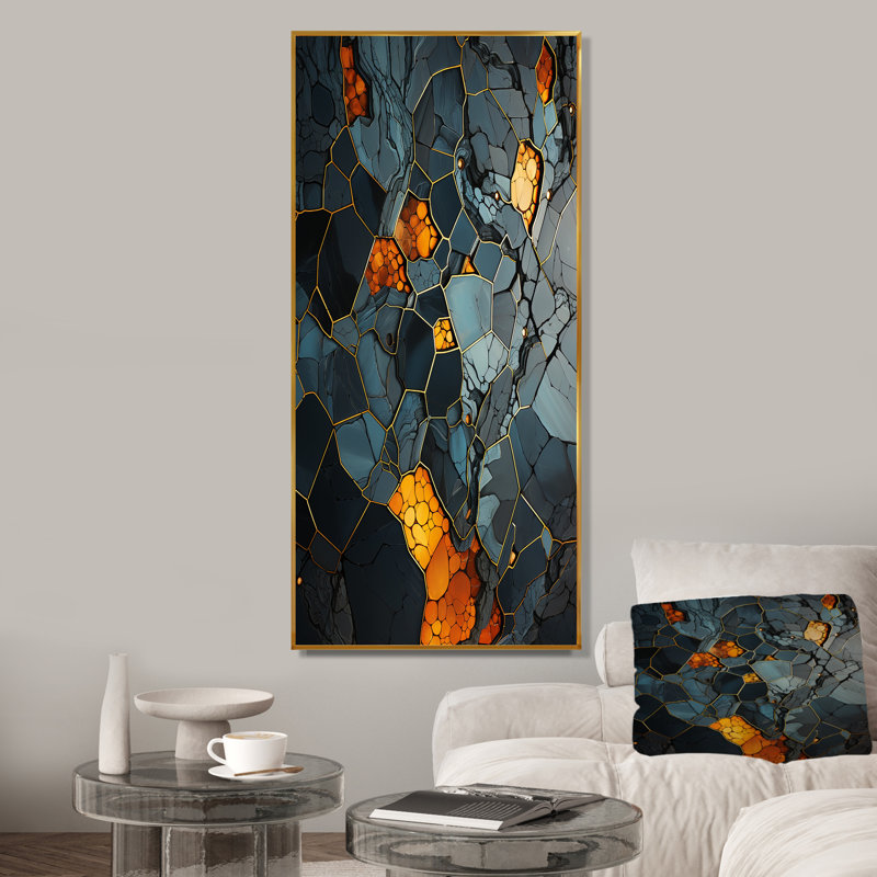Marble Yellow Elegance II - art mural géométrique, Cadre flottant doré, H 60 po x l 28 po x P 1,5 po