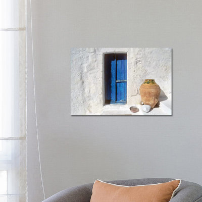 Greece, Symi. Blue Door And Pot. by Jaynes Gallery - Wrapped Canvas Gallery-Wrapped Canvas Giclée