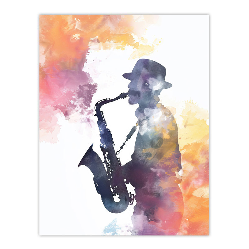 Saxophone Jazz Musician Orange Watercolour Wall Art Print