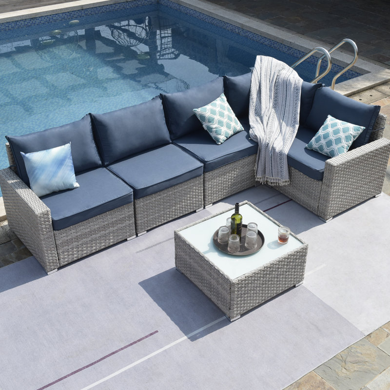 Margeree 113" Wide Outdoor Left Hand Facing Patio Sectional with Cushions, Blue