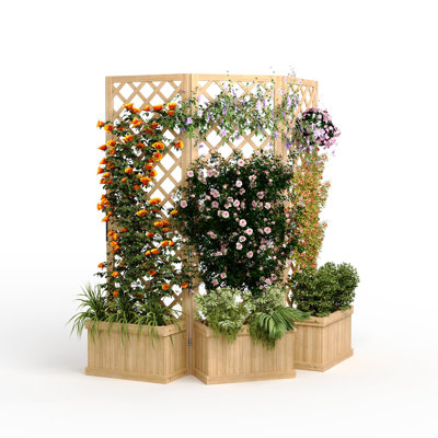 Cedar Privacy Screen with Planter Box, 3-Panel Freestanding Garden Divider with Trellis for Patio & Backyard