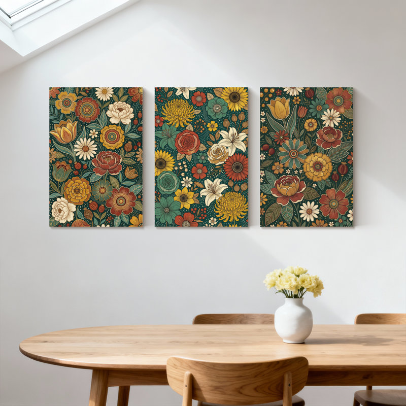 Plantes et fleurs, motif floral avec couleurs vives et feuilles, ensemble de 3 impressions sur toile, H 36 po x l 72 po