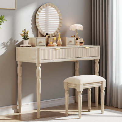 Luxury Vanity Desk With Round Mirror,Height-Adjustable, Stylish Dressing Table Set, 4 Drawers & Stool