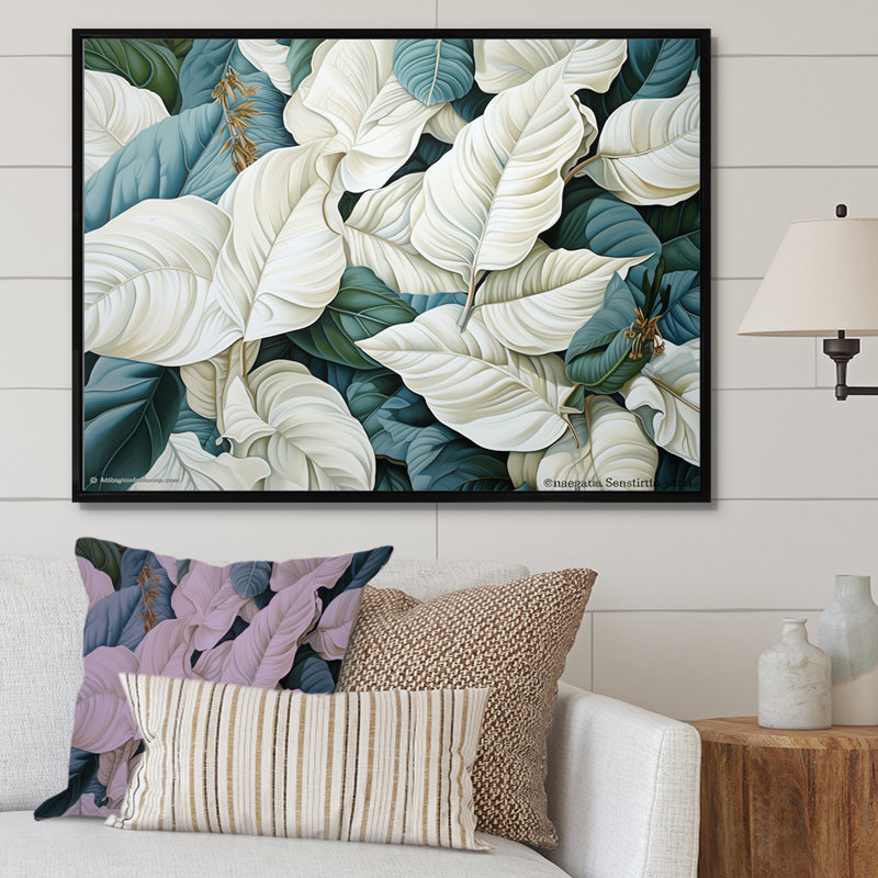 «White Leaves Charm», impression sur toile, H 16 po x l 32 po x P 1 po, Cadre flottant noir