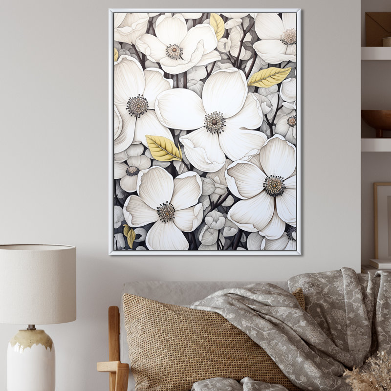 Cornouiller noir et blanc Calmness IV - impression, Cadre flottant blanc, H 32 po x l 16 po x P 1 po