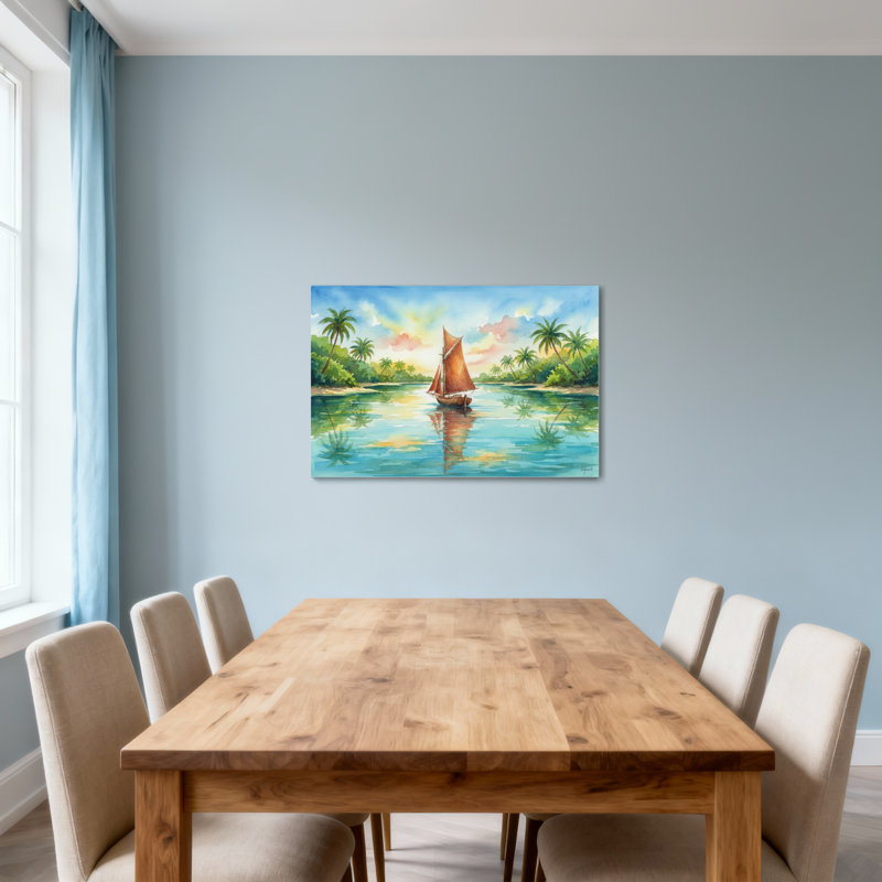 Paysage et nature sur un voilier sur une voie d'eau tropicale avec palmiers, H 12 po x l 18 po